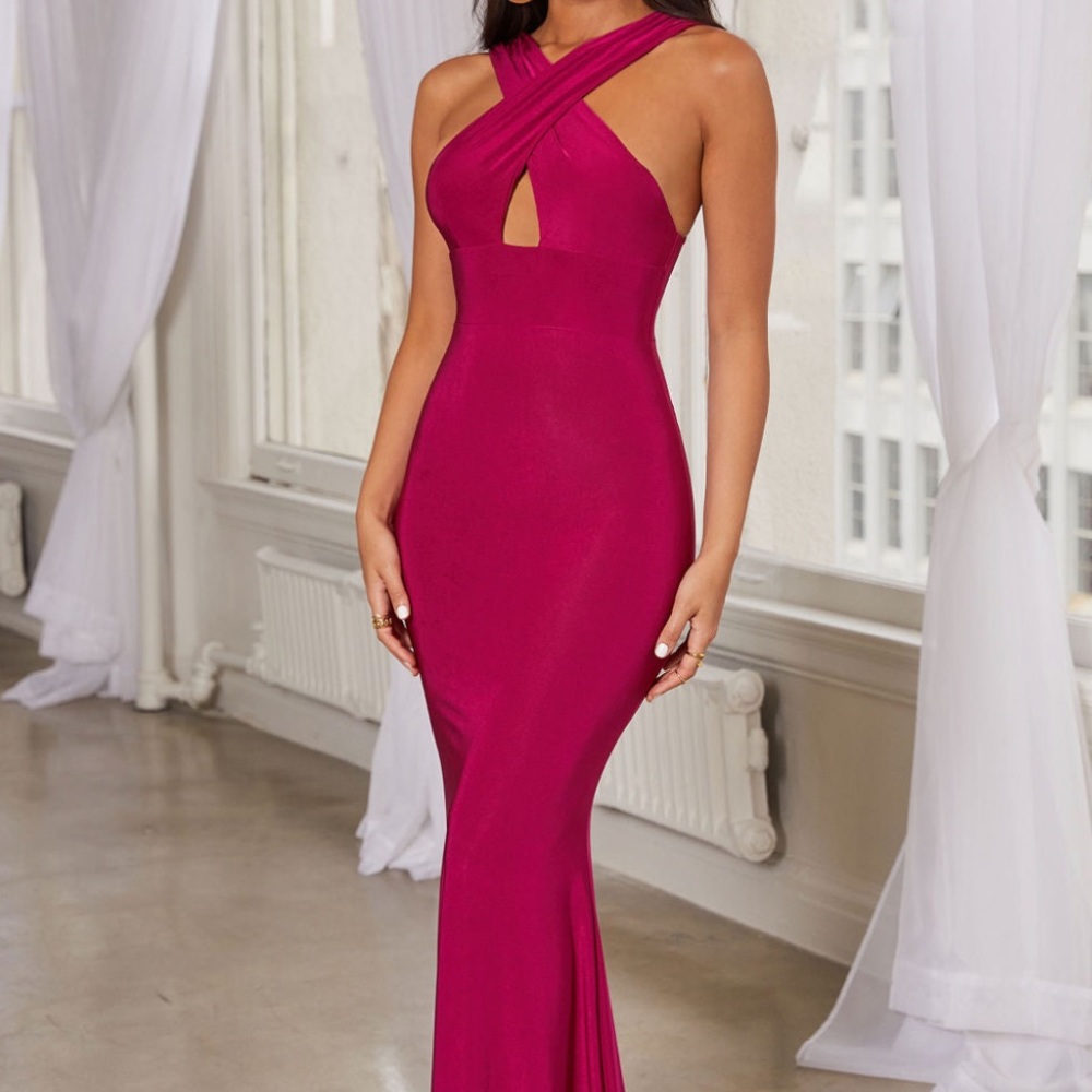 Fuchsia Pink Cross Front Fishtail Maxi Dress Club L London Woman